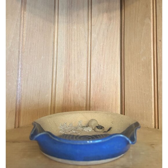 Vintage Ugly Face Signed Trinket Dish Ashtray Pottery Dish Blue Beige Glaze Uniq - Picture 5 of 5